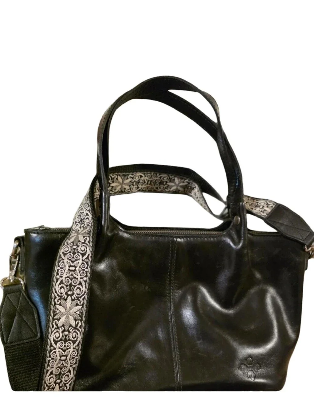 Patricia Nash Black Leather Crossbody Tote Bag Floral Detachable Strap